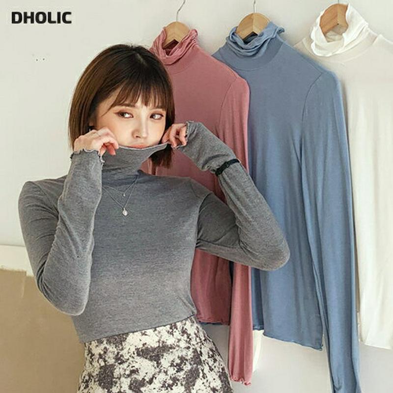 ウェーブラインハイネックTシャツ・全5色・b62034 レディース 【tops】【韓国 ファッション トップス Tシャツ タートルネック 無地 細身 タイト スリム 長袖 ロングスリーブ インナー ベーシック カジュアル 秋 冬】