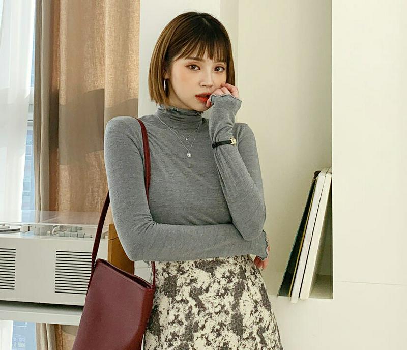 ウェーブラインハイネックTシャツ・全5色・b62034 レディース 【tops】【韓国 ファッション トップス Tシャツ タートルネック 無地 細身 タイト スリム 長袖 ロングスリーブ インナー ベーシック カジュアル 秋 冬】
