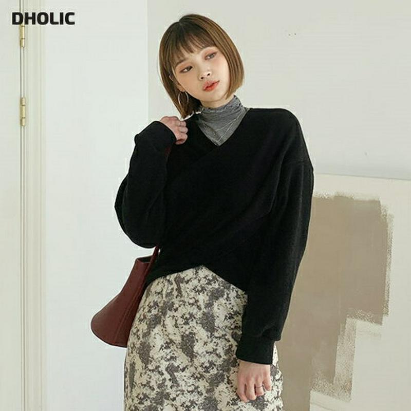 【只今10%OFF】クロスTシャツ・全3色・t62041 レディース 【tops】【韓国 ファッション トップス ニット Vネック カシュクール ラップ ショート クロップド 長袖 無地 ユニーク カジュアル 秋 冬】
