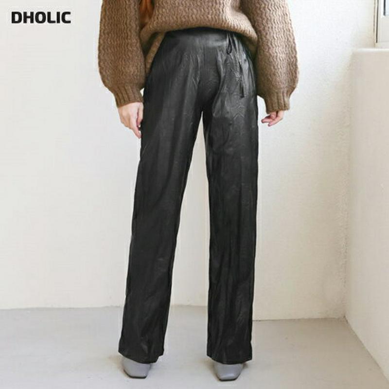 【只今10%OFF】ストラップ付レザー調リンクルパンツ・全2色・t65592 レディース 【pt】【パンツ ズボン ロングパンツ リンクル レザー ストラップ 単色 シンプル カジュアル ワイド 秋 冬 韓国 ファッション】【ハイホリHIHOLLI】