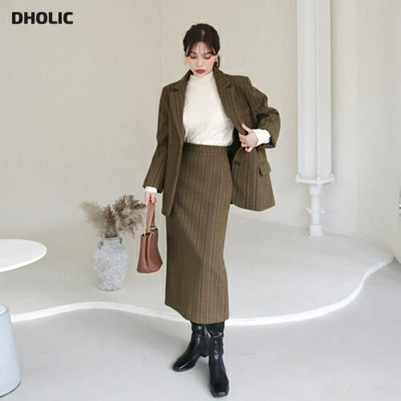 【只今10%OFF】ストライプジャケット&スカートSET・全2色・t65582 レディース 【ops】【セットアップ setup アウター ジャケット スカート ロングスカート ストライプ柄 大人 シック Hライン ミドル丈 秋 冬 韓国 ファッション】【ハイホリHIHOLLI】