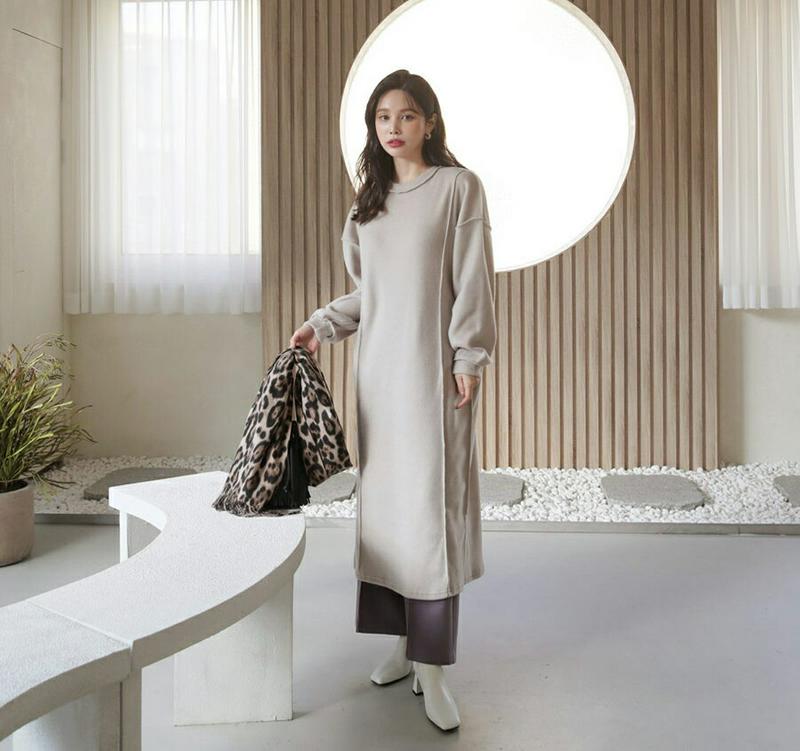 【只今10%OFF】起毛ステッチワンピース・全3色・b65619 レディース 【ops】【ワンピース ロング ロングワンピース 長袖 起毛 柔らかい 単色 無地 シンプル カジュアル ラフ 秋 冬 韓国 ファッション】【ハイホリHIHOLLI】