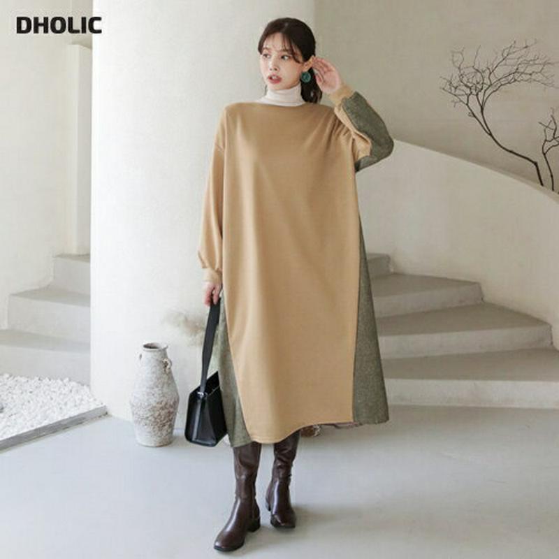 【只今10%OFF】裏起毛サイドヘリンボーンワンピ−ス・全3色・b65571 レディース 【ops】【ワンピース ロング ロングワンピース 長袖 ヘリンボーン 裏起毛 大人 カジュアル ゆったり 体型カバー 冬 韓国 ファッション】【ハイホリHIHOLLI】