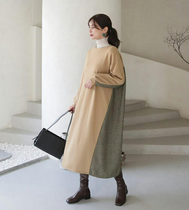 【只今10%OFF】裏起毛サイドヘリンボーンワンピ−ス・全3色・b65571 レディース 【ops】【ワンピース ロング ロングワンピース 長袖 ヘリンボーン 裏起毛 大人 カジュアル ゆったり 体型カバー 冬 韓国 ファッション】【ハイホリHIHOLLI】