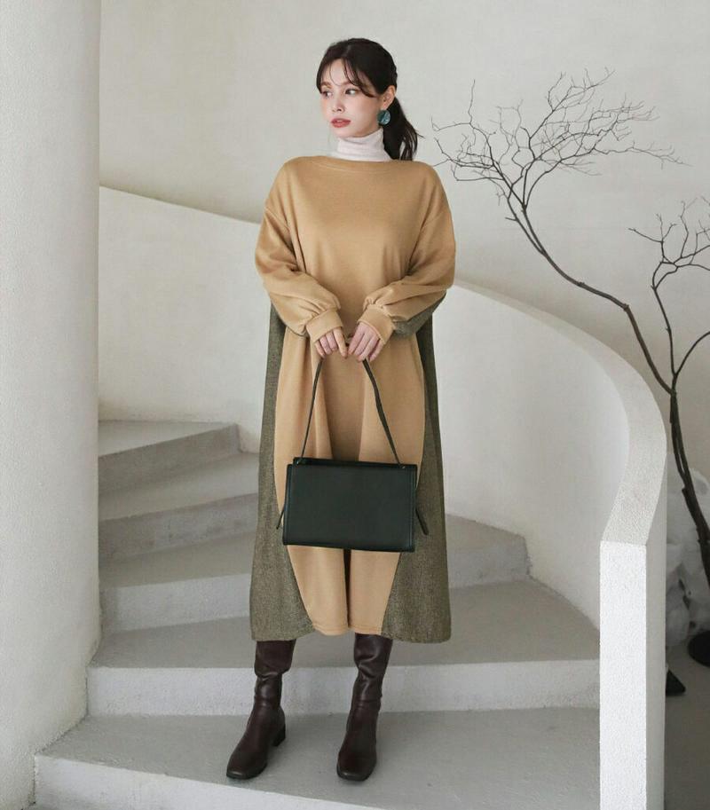 【只今10%OFF】裏起毛サイドヘリンボーンワンピ−ス・全3色・b65571 レディース 【ops】【ワンピース ロング ロングワンピース 長袖 ヘリンボーン 裏起毛 大人 カジュアル ゆったり 体型カバー 冬 韓国 ファッション】【ハイホリHIHOLLI】