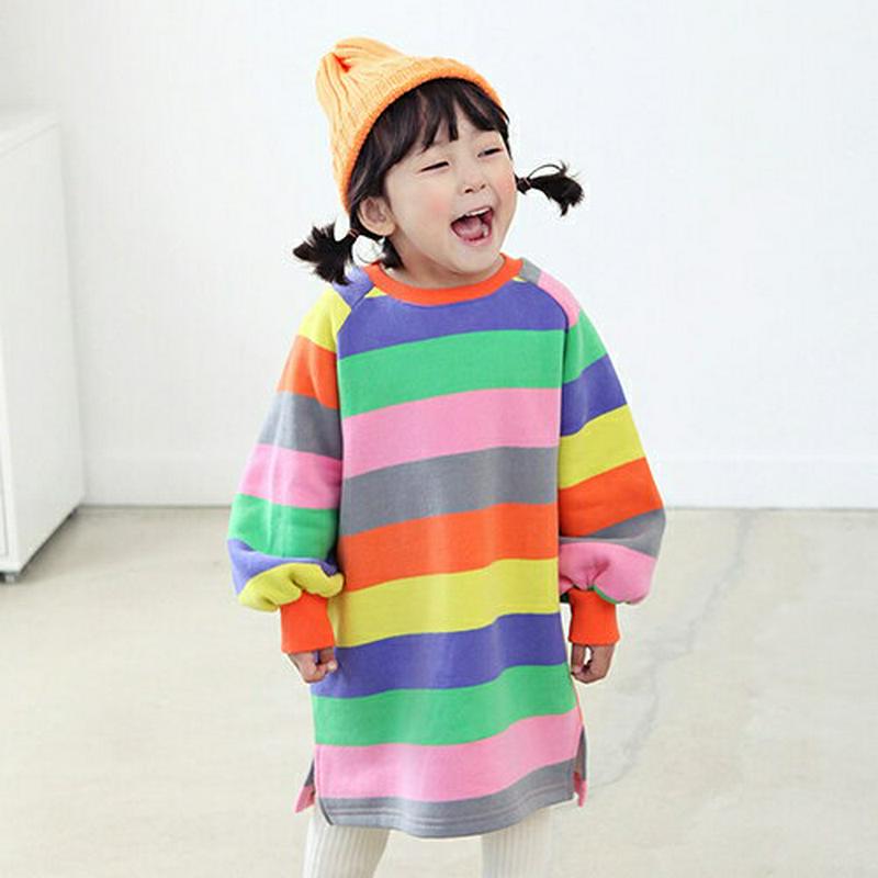 両起毛カラフルスウェットワンピース・p009926 キッズ【3~8才】【ops】【ワンピース ロング ロングワンピース 長袖 レインボー カラフル ボーダー柄 スウェット 起毛 裏起毛 両起毛 女の子 冬 韓国 韓国子供服 子供 こども 子供服 こども服】【KIDS】