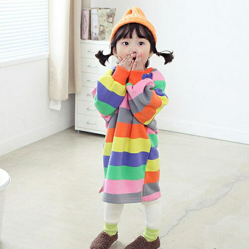両起毛カラフルスウェットワンピース・p009926 キッズ【3~8才】【ops】【ワンピース ロング ロングワンピース 長袖 レインボー カラフル ボーダー柄 スウェット 起毛 裏起毛 両起毛 女の子 冬 韓国 韓国子供服 子供 こども 子供服 こども服】【KIDS】
