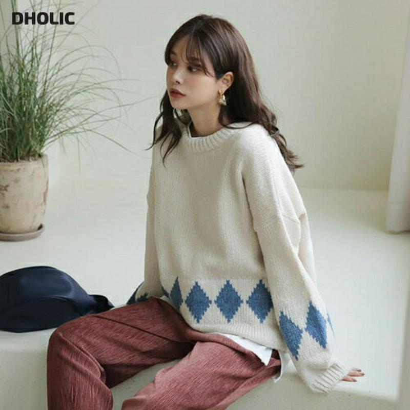 【只今10%OFF】ダイヤパターンヘムニット・全3色・t65451 レディース 【tops】【トップス ニット ニットトップス 長袖 総柄 ダイヤ カジュアル ドロップショルダー ラフ 秋 冬 韓国 ファッション】【ハイホリHIHOLLI】