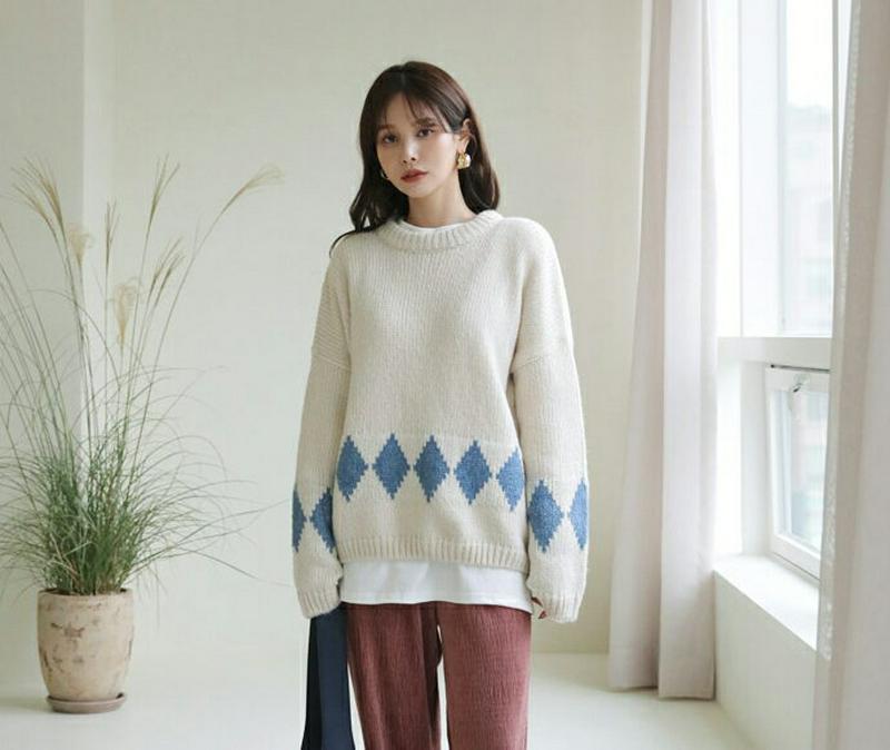 【只今10%OFF】ダイヤパターンヘムニット・全3色・t65451 レディース 【tops】【トップス ニット ニットトップス 長袖 総柄 ダイヤ カジュアル ドロップショルダー ラフ 秋 冬 韓国 ファッション】【ハイホリHIHOLLI】