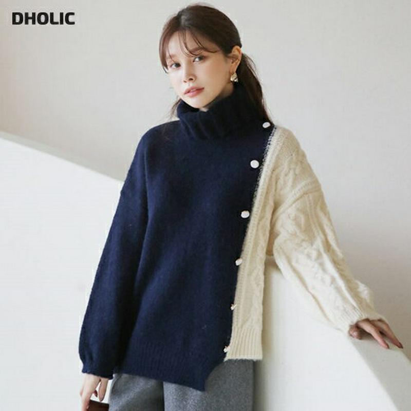 【只今10%OFF】ボタン配色ニット・全3色・t65452 レディース 【tops】【トップス ニット ニットトップス 長袖 配色 タートルネック タートル カジュアル ドロップショルダー ラフ 秋 冬 韓国 ファッション】【ハイホリHIHOLLI】