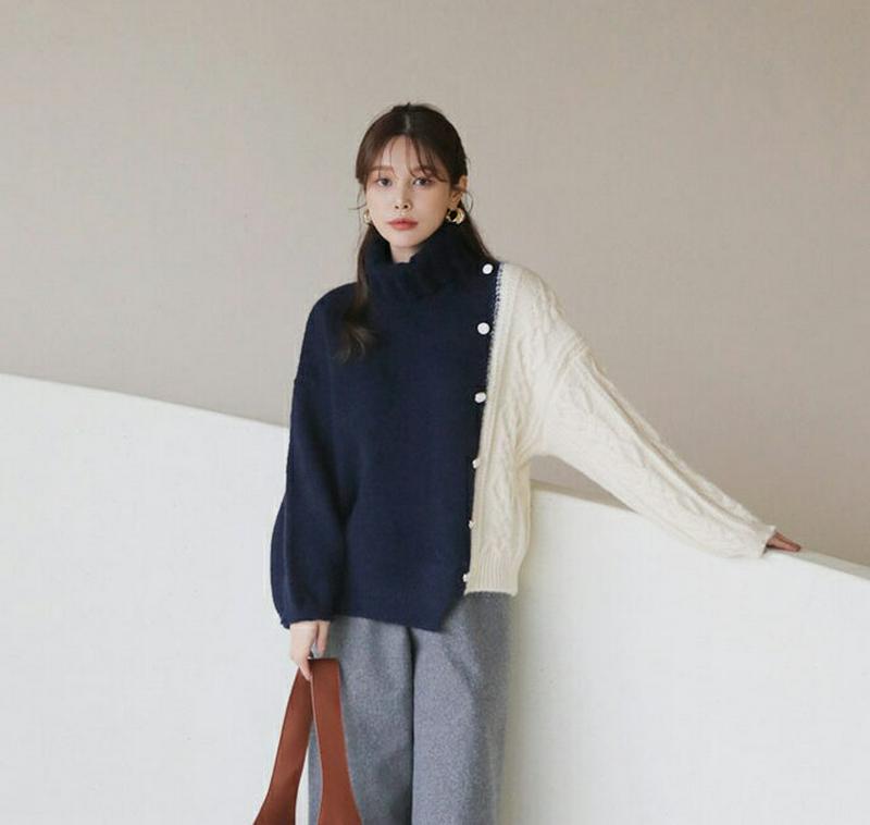 【只今10%OFF】ボタン配色ニット・全3色・t65452 レディース 【tops】【トップス ニット ニットトップス 長袖 配色 タートルネック タートル カジュアル ドロップショルダー ラフ 秋 冬 韓国 ファッション】【ハイホリHIHOLLI】