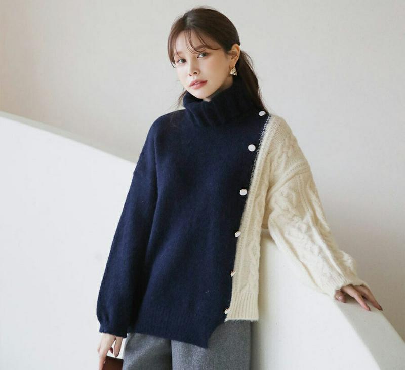 【只今10%OFF】ボタン配色ニット・全3色・t65452 レディース 【tops】【トップス ニット ニットトップス 長袖 配色 タートルネック タートル カジュアル ドロップショルダー ラフ 秋 冬 韓国 ファッション】【ハイホリHIHOLLI】