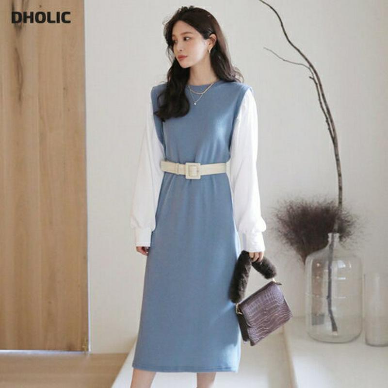 【只今10%OFF】配色ロングワンピース・全3色・t65419 レディース 【ops】【ワンピース ロング ロングワンピース 長袖 Hライン 配色 レイヤード風 カジュアル 異素材ミックス 秋 冬 韓国 ファッション】【ハイホリHIHOLLI】