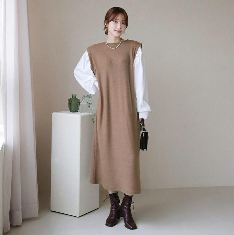 【只今10%OFF】配色ロングワンピース・全3色・t65419 レディース 【ops】【ワンピース ロング ロングワンピース 長袖 Hライン 配色 レイヤード風 カジュアル 異素材ミックス 秋 冬 韓国 ファッション】【ハイホリHIHOLLI】