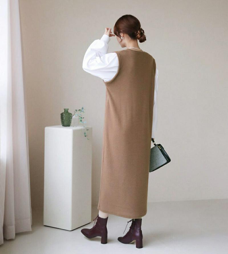 【只今10%OFF】配色ロングワンピース・全3色・t65419 レディース 【ops】【ワンピース ロング ロングワンピース 長袖 Hライン 配色 レイヤード風 カジュアル 異素材ミックス 秋 冬 韓国 ファッション】【ハイホリHIHOLLI】