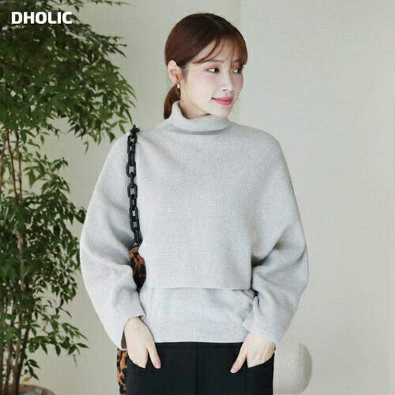 【只今10%OFF】【送料無料】ラウンド&タートルネックニットSET・全2色・b65416 レディース 【tops】【トップス ニット セット set 長袖 クロップド丈 タートルネック タートル　単色 無地 シンプル 短丈 ラフ 秋 冬 韓国 ファッション】【ハイホリHIHOLLI】