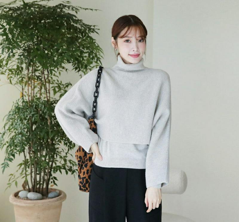 【只今10%OFF】【送料無料】ラウンド&タートルネックニットSET・全2色・b65416 レディース 【tops】【トップス ニット セット set 長袖 クロップド丈 タートルネック タートル　単色 無地 シンプル 短丈 ラフ 秋 冬 韓国 ファッション】【ハイホリHIHOLLI】