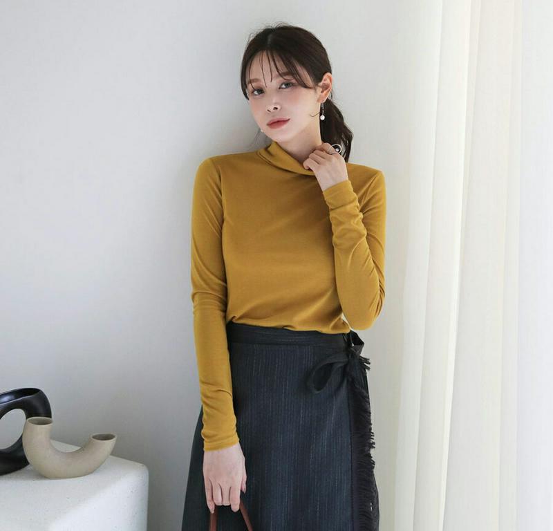 【只今10%OFF】ハイネックTシャツ・全5色・t65552 レディース 【tops】【トップス Tシャツ 長袖 ハイネック ロンT 単色　無地 無地T シンプル ベーシック カジュアル 秋 冬 韓国 ファッション】【ハイホリHIHOLLI】
