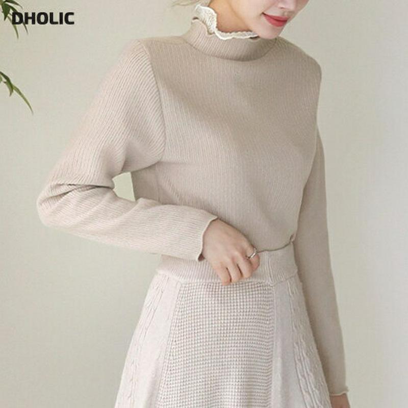 【只今10%OFF】レースハイネックニット・全3色・t65413 レディース 【tops】【トップス ニット ニットトップス 長袖 ハイネック レース 襟コンシャス 上品 フェミニン 単色 無地 シンプル リブ 秋 冬 韓国 ファッション】【ハイホリHIHOLLI】