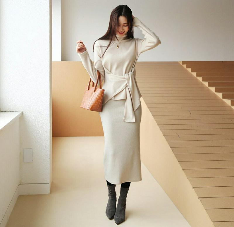 【只今10%OFF】起毛Tシャツ&スカートSET・全2色・t61196 レディース 【ops】【セットアップ setup トップス 長袖 Tシャツ スカート ロングスカート 単色 無地 シンプル 大人 秋 冬 韓国 ファッション】