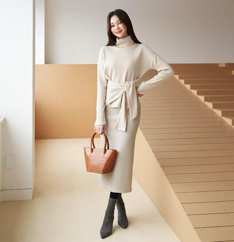 【只今10%OFF】起毛Tシャツ&スカートSET・全2色・t61196 レディース 【ops】【セットアップ setup トップス 長袖 Tシャツ スカート ロングスカート 単色 無地 シンプル 大人 秋 冬 韓国 ファッション】