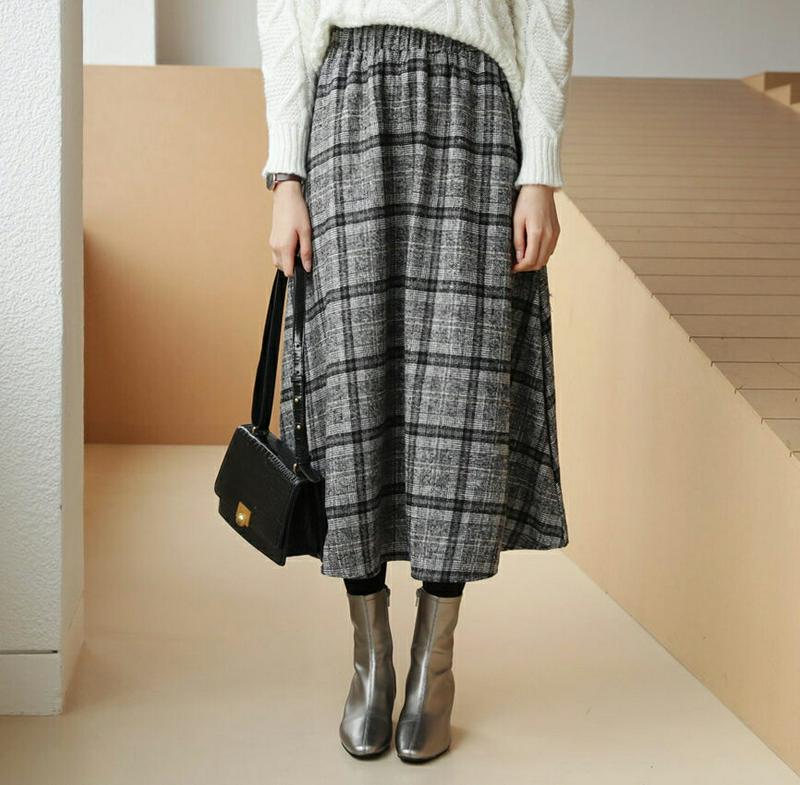 【只今10%OFF】フレアチェックスカート・全2色・t61182 レディース 【sk】【スカート ロング ロングスカート チェック柄 フレア フレアスカート 大人 シック ウエストゴム ウール 秋 冬 韓国 ファッション】