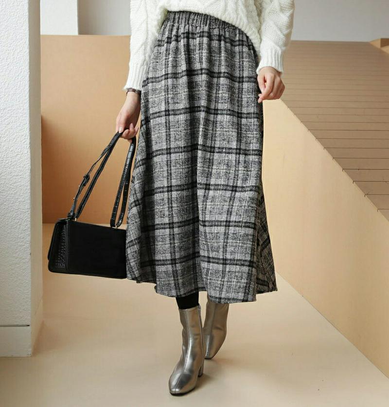 【只今10%OFF】フレアチェックスカート・全2色・t61182 レディース 【sk】【スカート ロング ロングスカート チェック柄 フレア フレアスカート 大人 シック ウエストゴム ウール 秋 冬 韓国 ファッション】