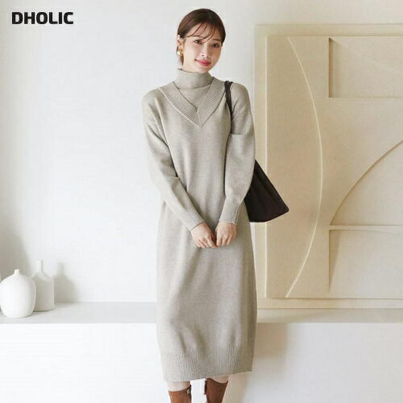 【只今10%OFF】ハイネックニットワンピース・全3色・b65422 レディース 【ops】【ワンピース ミディ丈 ミディワンピース 長袖 ニット ニットワンピース 単色 無地 シンプル ハイネック カジュアル ラフ Hライン 秋 冬 韓国 ファッション】【ハイホリHIHOLLI】