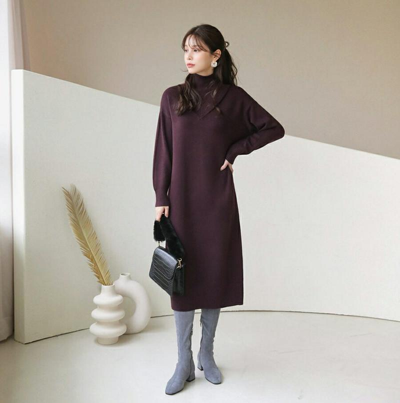 【只今10%OFF】ハイネックニットワンピース・全3色・b65422 レディース 【ops】【ワンピース ミディ丈 ミディワンピース 長袖 ニット ニットワンピース 単色 無地 シンプル ハイネック カジュアル ラフ Hライン 秋 冬 韓国 ファッション】【ハイホリHIHOLLI】