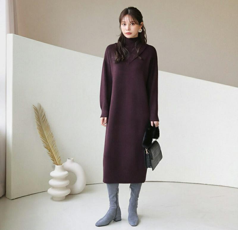 【只今10%OFF】ハイネックニットワンピース・全3色・b65422 レディース 【ops】【ワンピース ミディ丈 ミディワンピース 長袖 ニット ニットワンピース 単色 無地 シンプル ハイネック カジュアル ラフ Hライン 秋 冬 韓国 ファッション】【ハイホリHIHOLLI】