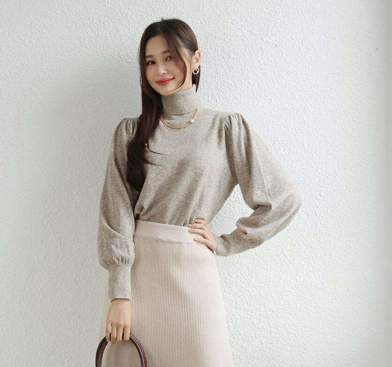 【只今10%OFF】タートルネックパフニット・全5色・t61195 レディース 【tops】【トップス ニット ニットトップス タートルネック タートル 単色 無地 シンプル カジュアル パフスリーブ ボリューム袖 パフ袖 かわいい 秋 冬 韓国 ファッション】