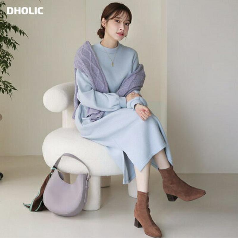 【只今10%OFF】ソフトスリットワンピース・全4色・b65453 レディース 【ops】【ワンピース ロング ロングワンピース 長袖 ソフト スリット 単色 無地 シンプル ゆったり カジュアル ラフ ハーフネック 秋 冬 韓国 ファッション】【ハイホリHIHOLLI】