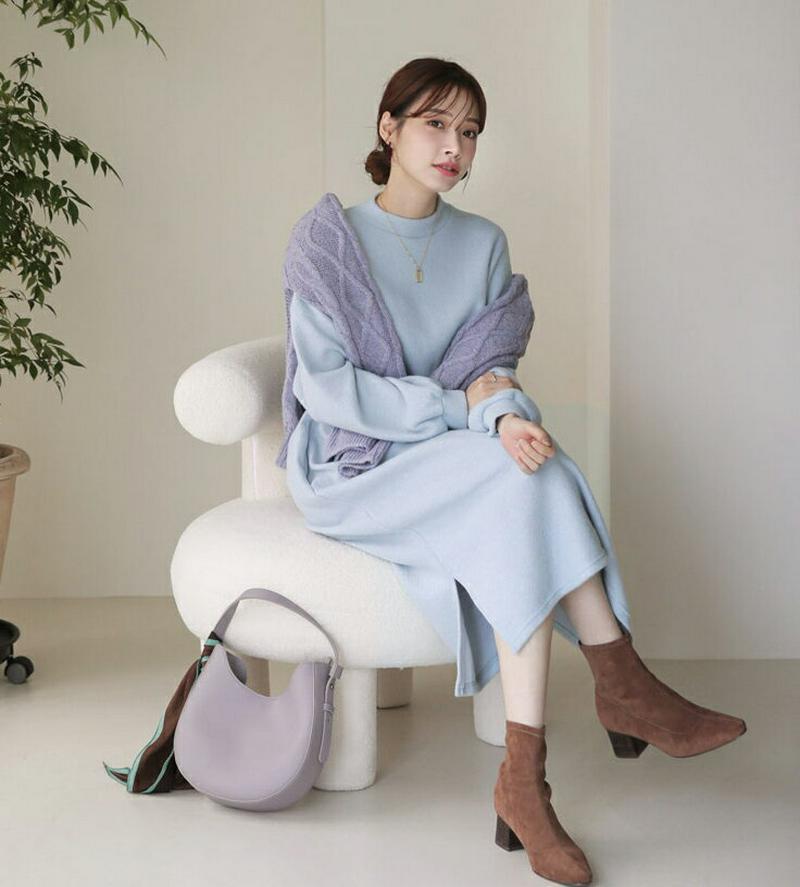 【只今10%OFF】ソフトスリットワンピース・全4色・b65453 レディース 【ops】【ワンピース ロング ロングワンピース 長袖 ソフト スリット 単色 無地 シンプル ゆったり カジュアル ラフ ハーフネック 秋 冬 韓国 ファッション】【ハイホリHIHOLLI】