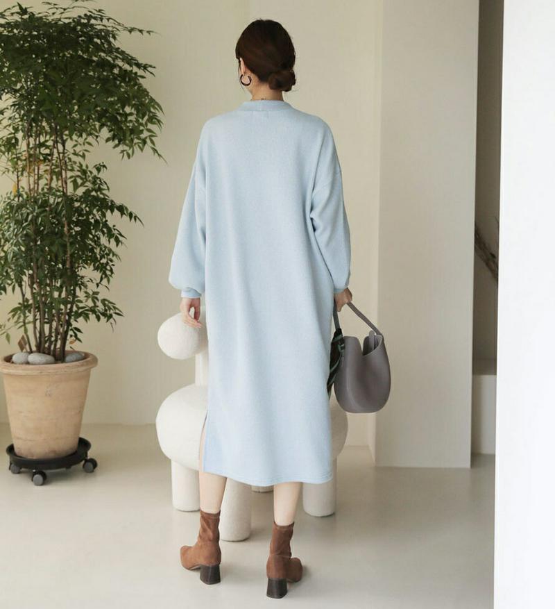 【只今10%OFF】ソフトスリットワンピース・全4色・b65453 レディース 【ops】【ワンピース ロング ロングワンピース 長袖 ソフト スリット 単色 無地 シンプル ゆったり カジュアル ラフ ハーフネック 秋 冬 韓国 ファッション】【ハイホリHIHOLLI】