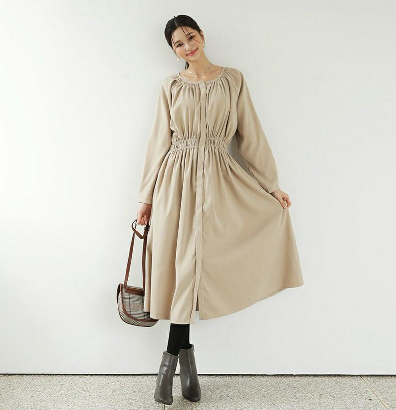 フライフロントギャザーワンピース・全3色・t61203 レディース 【ops】【ワンピース ロング ロングワンピース ギャザー 長袖 フライフロント 単色 無地 シンプル 大人 ナチュラル 秋 冬 韓国 ファッション】