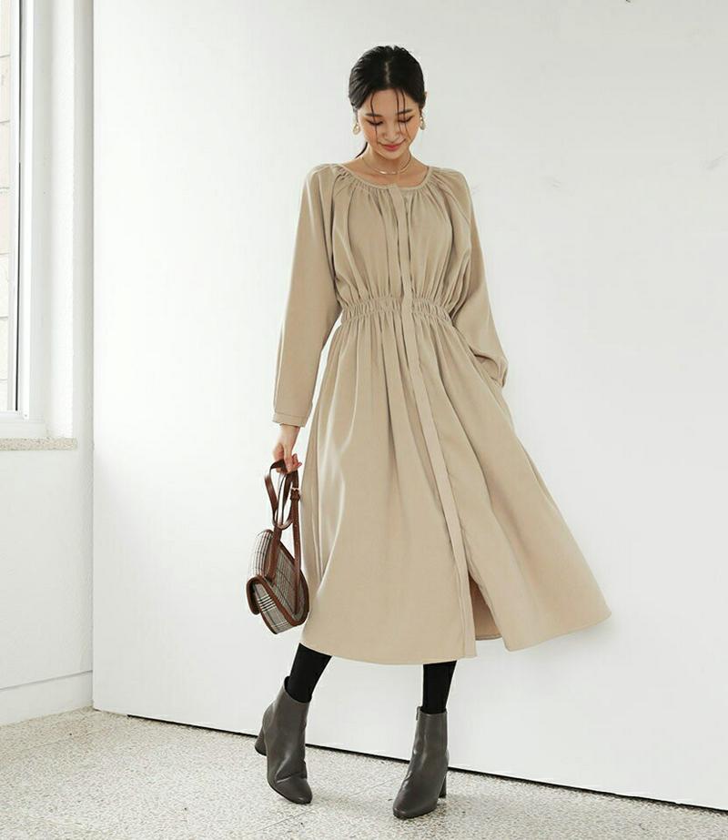 フライフロントギャザーワンピース・全3色・t61203 レディース 【ops】【ワンピース ロング ロングワンピース ギャザー 長袖 フライフロント 単色 無地 シンプル 大人 ナチュラル 秋 冬 韓国 ファッション】