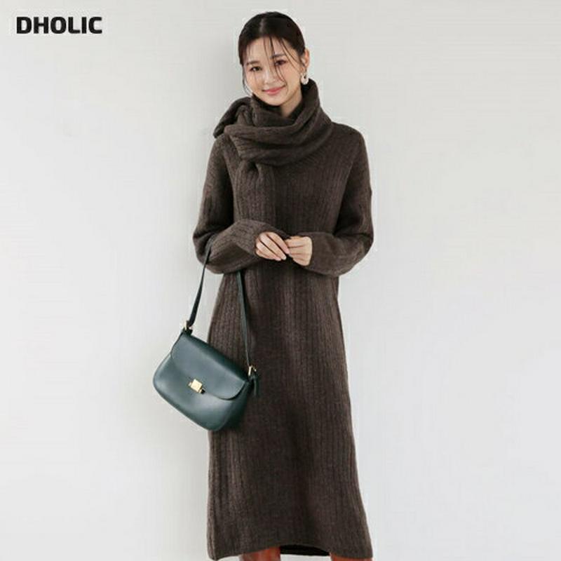 【只今10%OFF】マフラー付リブニットワンピース・全3色・b61173 レディース 【ops】【ワンピース ミディ丈 ミディワンピース 長袖 ニット ニットワンピース マフラー 単色 無地 シンプル Vネック クロップド丈 カジュアル 秋 冬 韓国 ファッション】