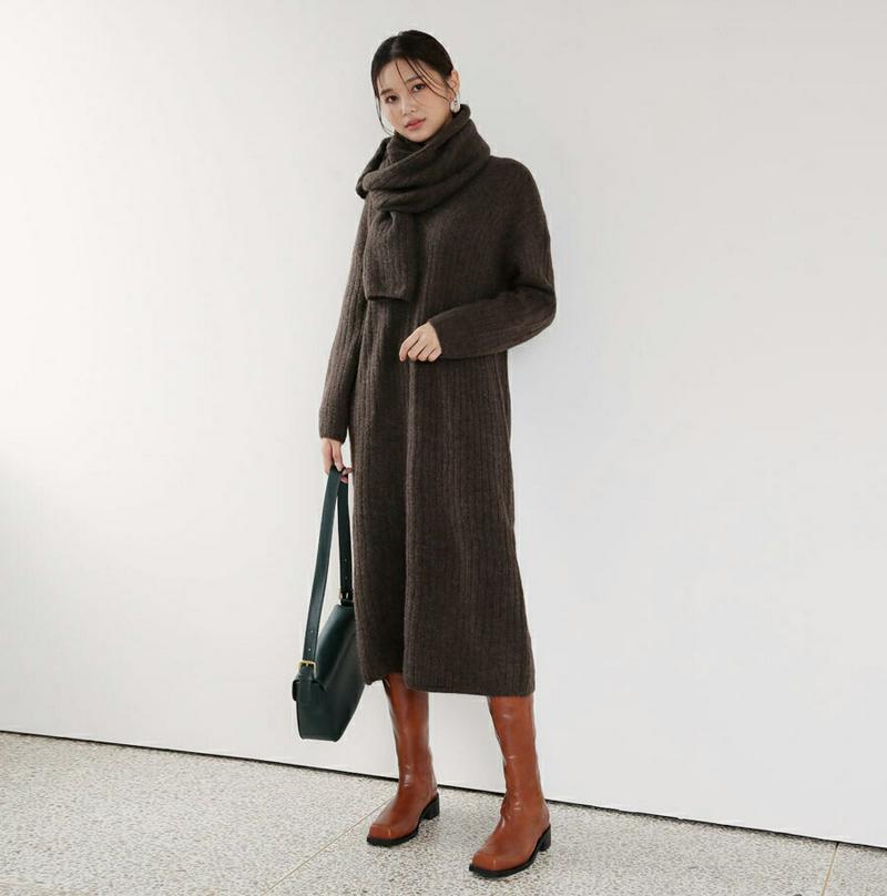 【只今10%OFF】マフラー付リブニットワンピース・全3色・b61173 レディース 【ops】【ワンピース ミディ丈 ミディワンピース 長袖 ニット ニットワンピース マフラー 単色 無地 シンプル Vネック クロップド丈 カジュアル 秋 冬 韓国 ファッション】