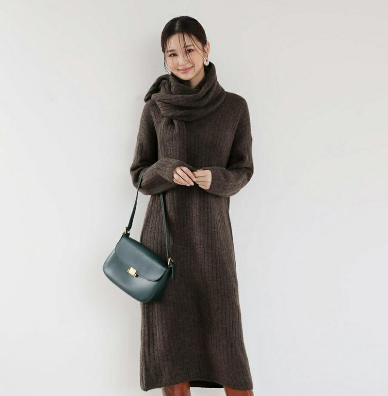 【只今10%OFF】マフラー付リブニットワンピース・全3色・b61173 レディース 【ops】【ワンピース ミディ丈 ミディワンピース 長袖 ニット ニットワンピース マフラー 単色 無地 シンプル Vネック クロップド丈 カジュアル 秋 冬 韓国 ファッション】