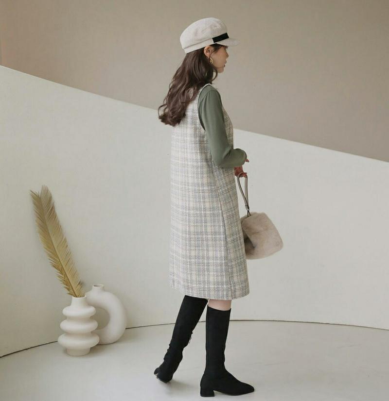 【只今10%OFF】チェックスリーブレスワンピース・全2色・t65423 レディース 【ops】【ワンピース ミディ丈 ミディワンピース チェック柄 スリーレス ノースリーブ レイヤード 大人 Hライン かわいい 秋 冬 韓国 ファッション】【ハイホリHIHOLLI】