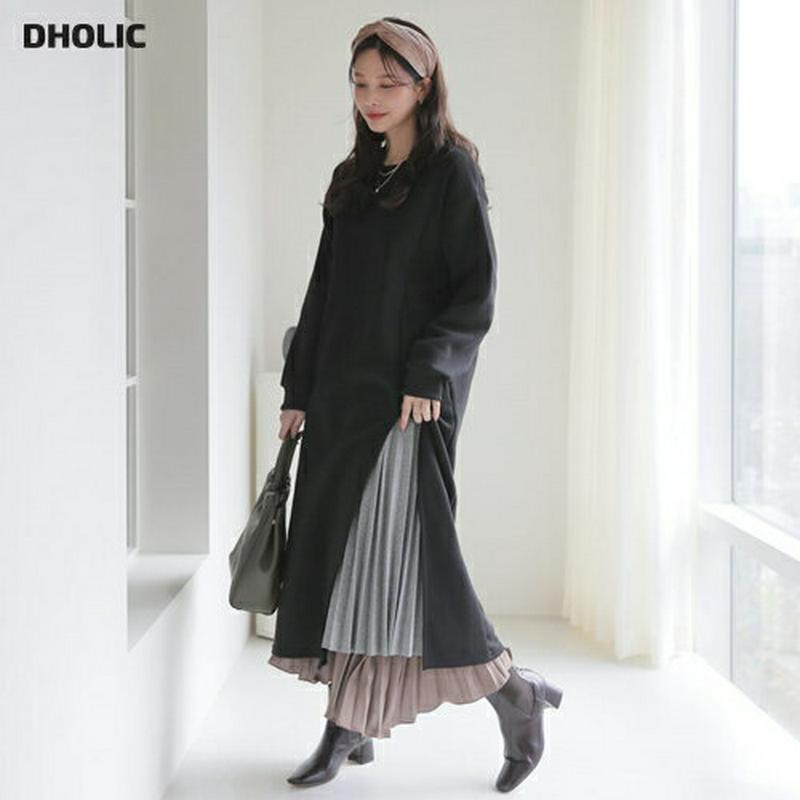 【只今10%OFF】裏起毛ロングスウェット・全3色・b32613 レディース 【ops】【ワンピース ロング ロングワンピース 長袖 スウェット スウェットワンピース 裏起毛 スリット 深スリット カジュアル ラフ 秋 冬 韓国 ファッション】【ハイホリHIHOLLI】