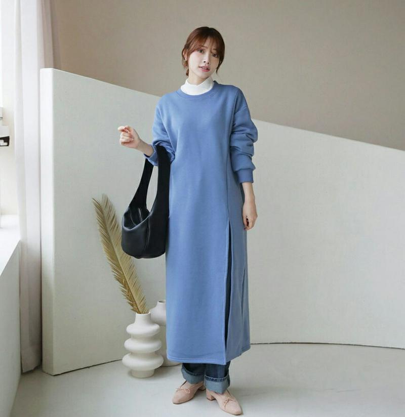 【只今10%OFF】裏起毛ロングスウェット・全3色・b32613 レディース 【ops】【ワンピース ロング ロングワンピース 長袖 スウェット スウェットワンピース 裏起毛 スリット 深スリット カジュアル ラフ 秋 冬 韓国 ファッション】【ハイホリHIHOLLI】