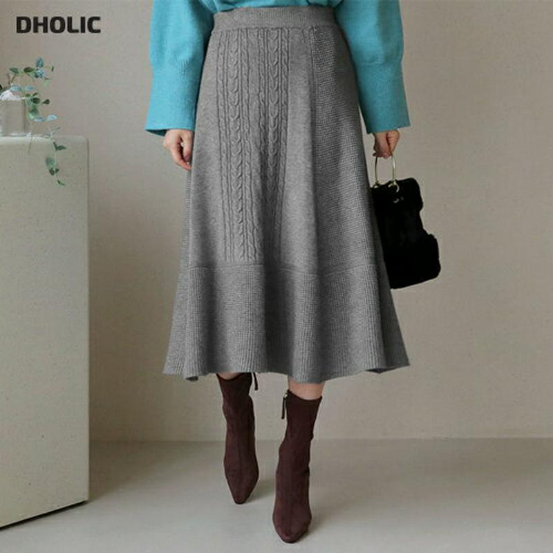 【只今10%OFF】ニットフレアスカート・全3色・b65456 レディース 【sk】【スカート ミディ丈 ミディスカート ニット　ニットスカート ツイスト 単色 ウエストゴム シンプル フレア フレアスカート 秋 冬 韓国 ファッション】【ハイホリHIHOLLI】