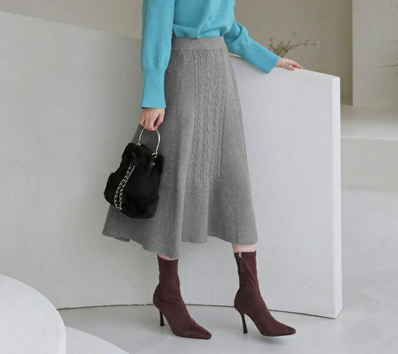 【只今10%OFF】ニットフレアスカート・全3色・b65456 レディース 【sk】【スカート ミディ丈 ミディスカート ニット　ニットスカート ツイスト 単色 ウエストゴム シンプル フレア フレアスカート 秋 冬 韓国 ファッション】【ハイホリHIHOLLI】