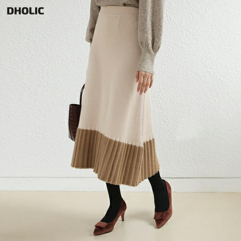 【只今10%OFF】リブ配色ニットスカート・全2色・b61177 レディース 【sk】【スカート ロングスカート ロング ニット ニットスカート リブ 大人 Aライン プリーツ プリーツスカート 秋 冬 韓国 ファッション】