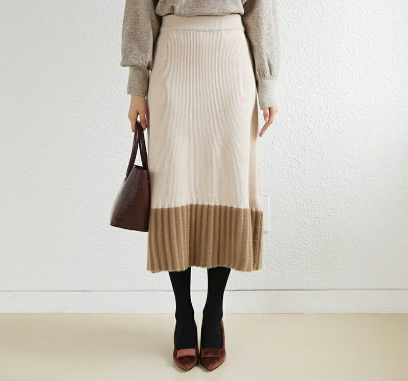 【只今10%OFF】リブ配色ニットスカート・全2色・b61177 レディース 【sk】【スカート ロングスカート ロング ニット ニットスカート リブ 大人 Aライン プリーツ プリーツスカート 秋 冬 韓国 ファッション】