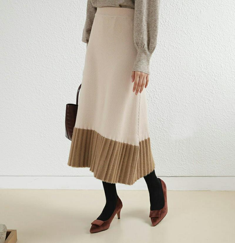 【只今10%OFF】リブ配色ニットスカート・全2色・b61177 レディース 【sk】【スカート ロングスカート ロング ニット ニットスカート リブ 大人 Aライン プリーツ プリーツスカート 秋 冬 韓国 ファッション】