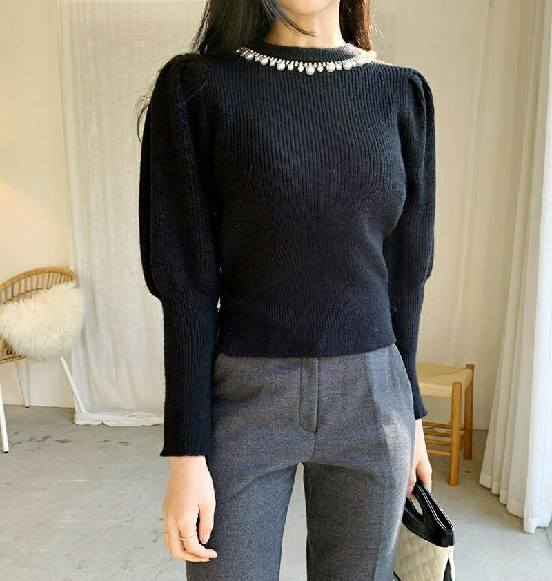 【只今10%OFF】パールキュービックパフニット・全3色・b61964 レディース 【tops】【韓国 ファッション トップス ニット ラウンドネック 長袖 パフスリーブ ぼわん袖 ボリューム袖 リブニット 上品 大人 高見え エレガント スリム 細身 きれいめ カジュアル 秋 冬】