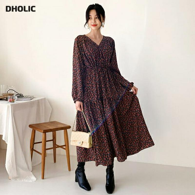 小花柄ワンピース・全2色・b61969 レディース 【ops】【韓国 ファッション ワンピース ロング マキシ Vネック 長袖 フレア Aライン パターン 柄 フラワー レトロ ビンテージ カジュアル 秋 冬】