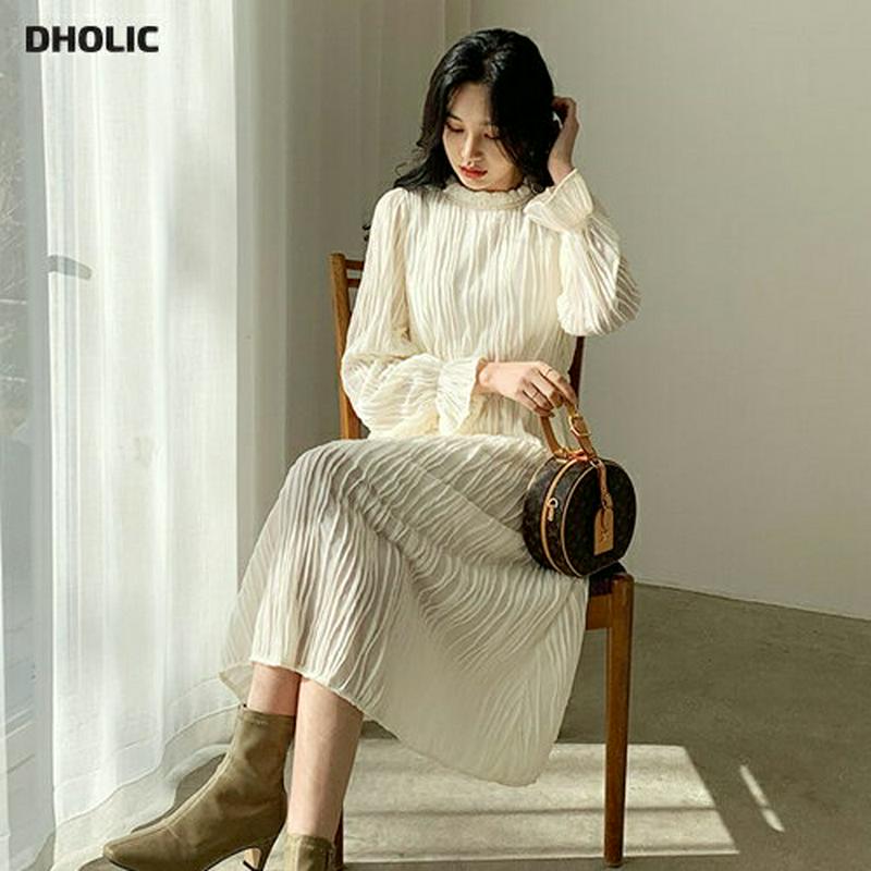 【只今10%OFF】ストラップ付リンクルワンピース・全3色・b61993 レディース 【ops】【韓国 ファッション ワンピース ロング モックネック ラウンドネック 長袖 フレア Aライン Hライン ウエストマーク ウエストタイ パフスリーブ ぼわん袖 ボリューム袖 カジュアル 秋 冬】